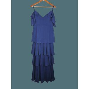 Ever Pretty Womens Blue Cold Shoulder Ruffle V Neck Maxi Dress Size 12